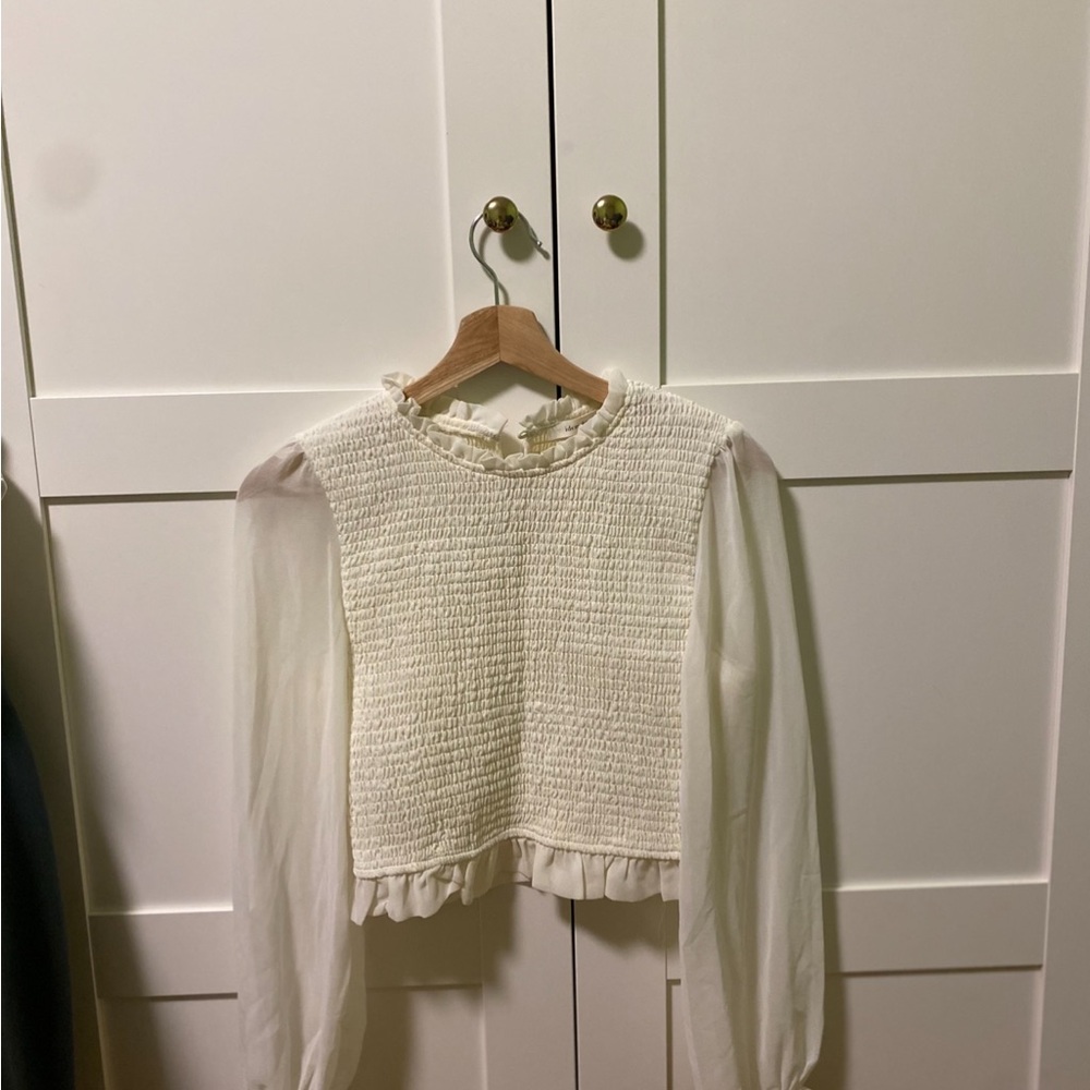 Stylish Cream Textured Blouse with Sheer Sleeves - Picture 1 of 2